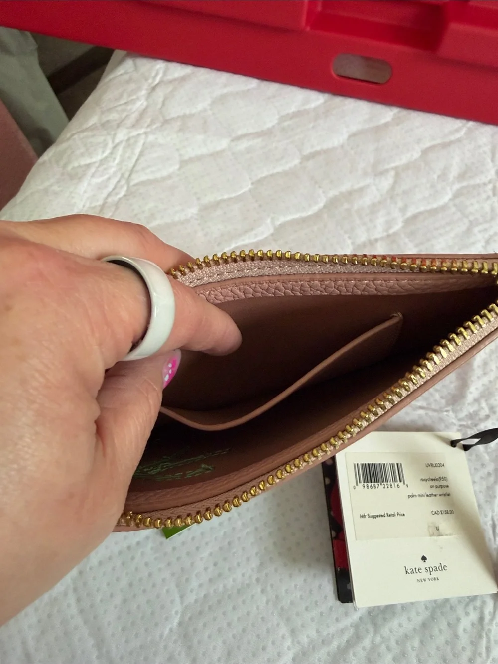 kate spade pink leather wristlet with green palm applique